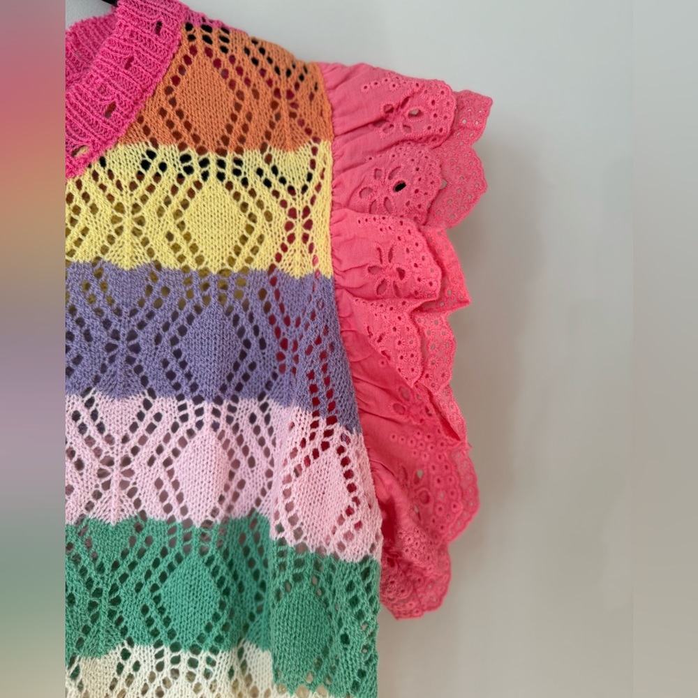 Pink Pointelle Multi Color Striped Ruffled Crochet Tunic Top - Picture 4 of 7